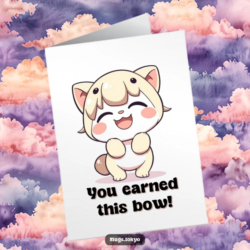 Funny Free Printable Congratulations Card: Character cheerfully bowing with a wide grin, celebrating a fantastic accomplishment with enthusiasm.