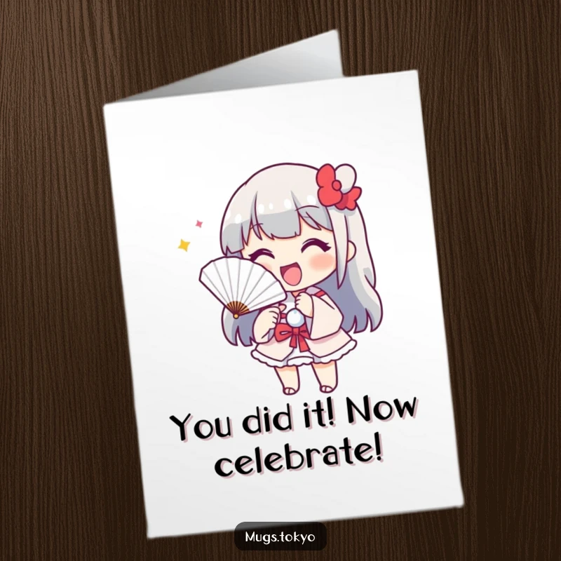 Funny Free Printable Congratulations Card: Joyful Character Beckoning with Paper Fan, Celebrating Victory