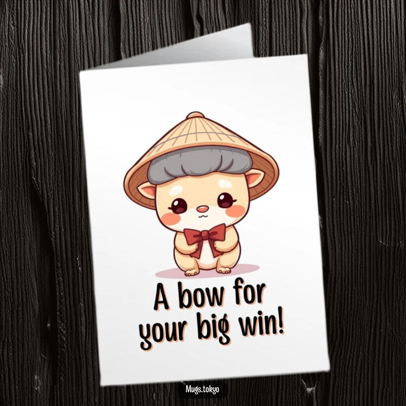 Funny Free Printable Congratulations Card: A cute creature with a Japanese hat bows shyly, congratulating your success.