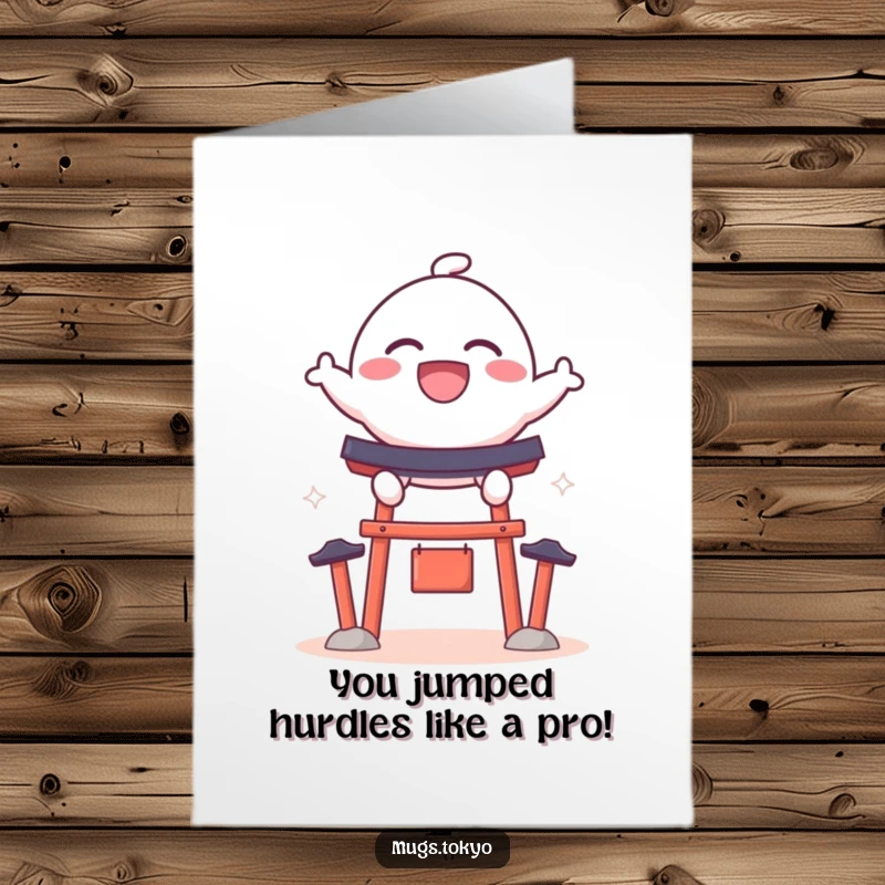 Funny Free Printable Congratulations Card featuring a wide-grinning dango character enthusiastically leaping over a miniature shrine gate.