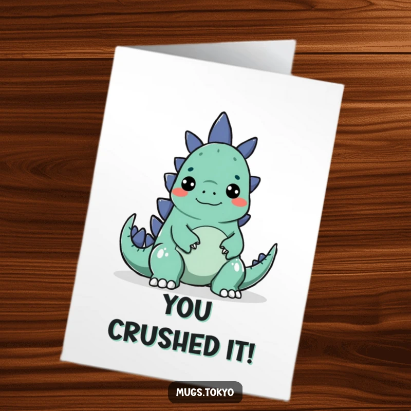Funny Free Printable Congratulations card showing a character making a silly face to surprise a cute, cartoon Godzilla, adding humor to success.