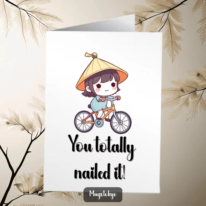 Cute free printable congratulations card with a character in a Japanese hat riding a bicycle, celebrating success with a joyful journey.
