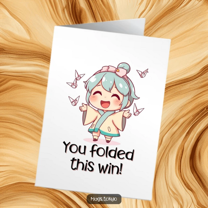 Free Printable Congratulations Card: A smiling character skillfully juggles tiny origami cranes, celebrating success.