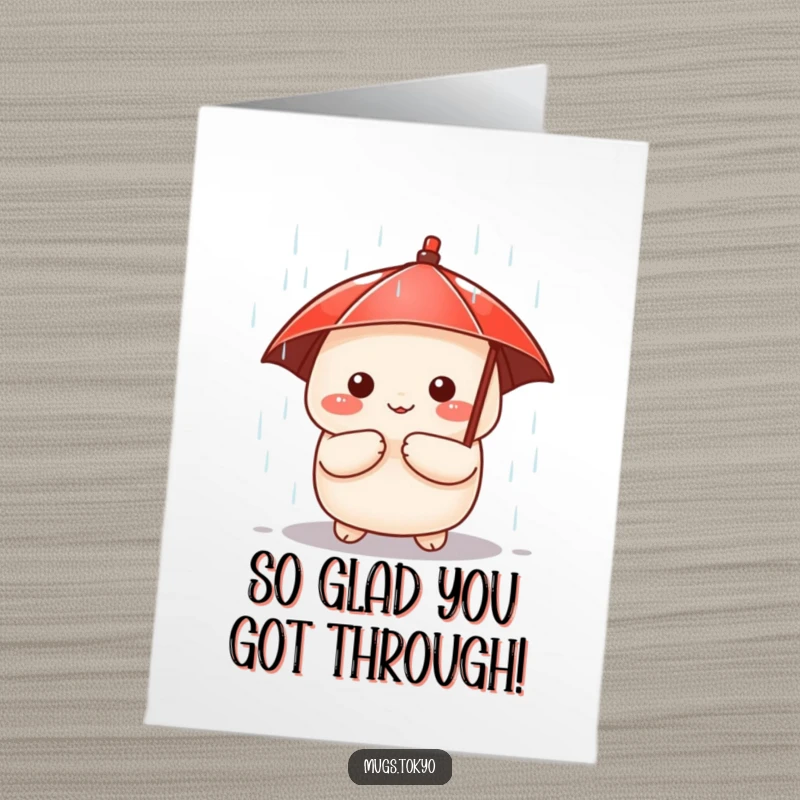 Funny Free Printable Congrats Card: A cute dumpling wearing a small red umbrella peeks out from a rainstorm.