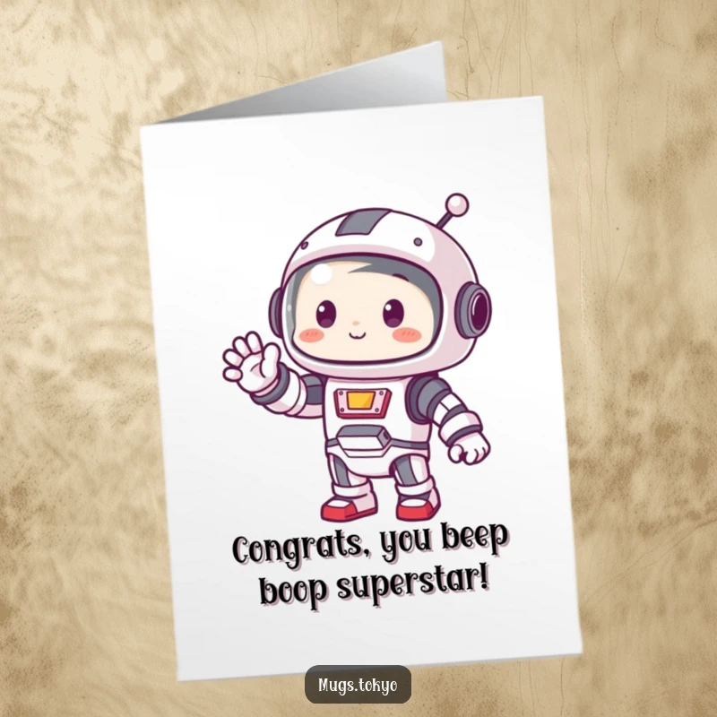 Funny Free Printable Congratulations Card: A cute character in a robot costume waving a friendly greeting.