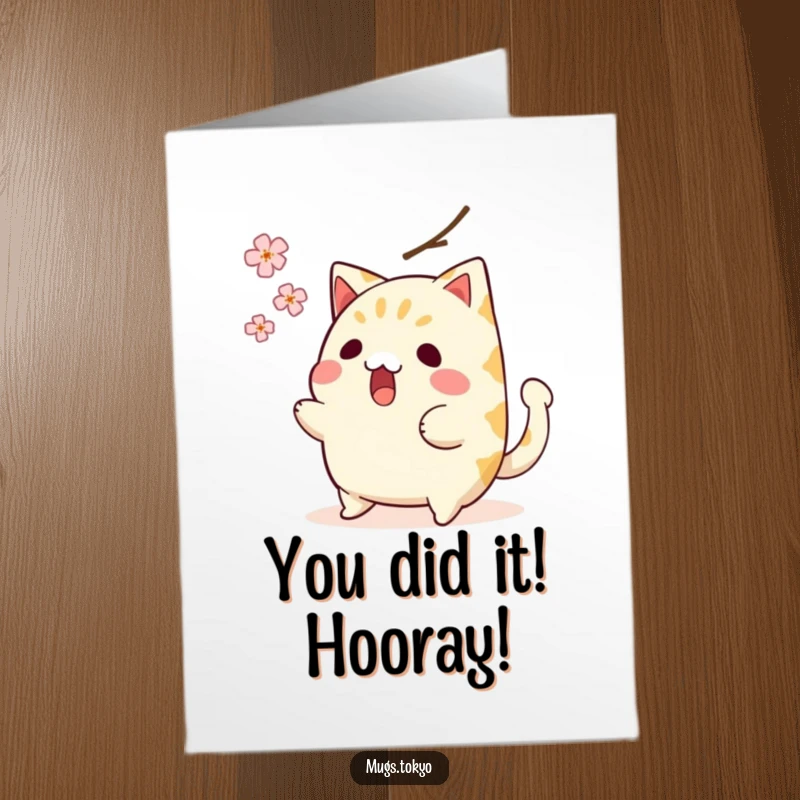 Funny Free Printable Congrats Card: A surprised taiyaki character narrowly dodges a falling cherry blossom, tail wagging in shock.
