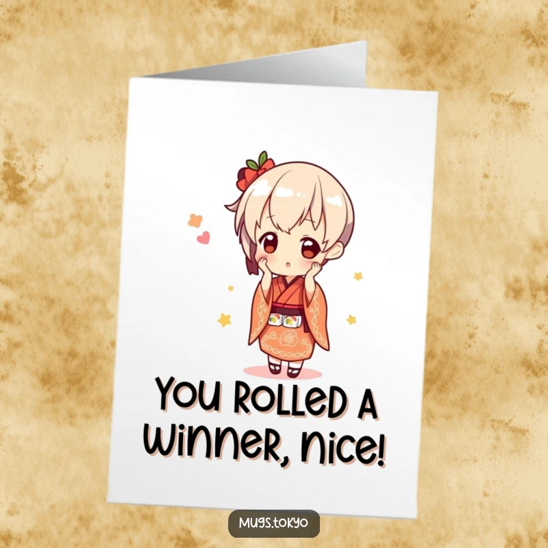 Funny Free Printable Congratulations Card: A character in a kimono playfully wobbles a stack of sushi in celebration.