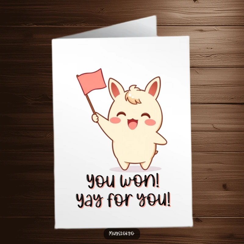 Funny Free Printable Congrats Card: Character enthusiastically waving a tiny flag. A spirited DIY gift for any celebration.