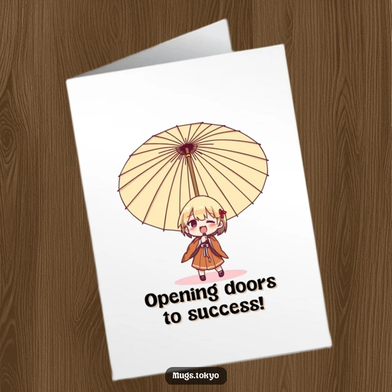 Funny Free Printable Congratulations Card: Character comically attempting to open an oversized Japanese umbrella, celebrating new beginnings.