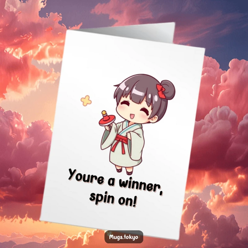 Funny Free Printable Congratulations Card: Character in a yukata gleefully spinning a top, symbolizing achievement and momentum.