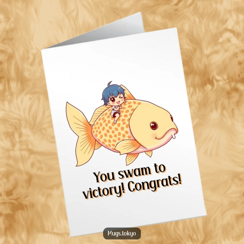 Funny Free Printable Congratulations Card: A tiny rider on a giant goldfish celebrating a big achievement with glee.