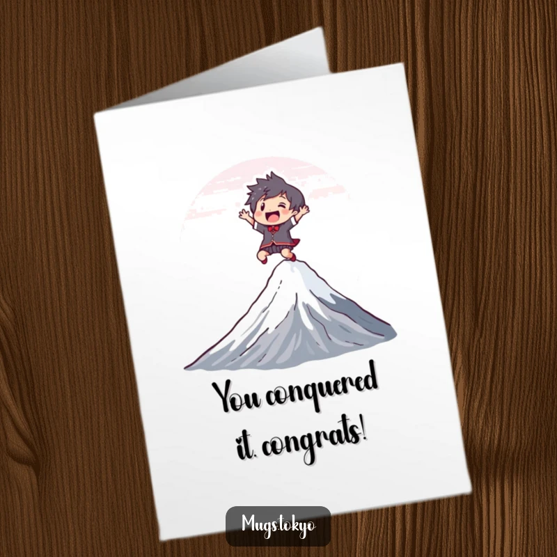 Funny Free Printable Congratulations Card: Character joyfully leaping over Mount Fuji, symbolizing a successful accomplishment.