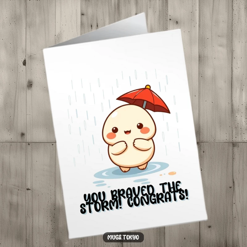 Funny free printable congratulations card featuring a cute dumpling with a red umbrella, staying dry and celebrating.