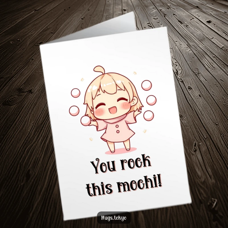 Funny Free Printable Congratulations Card: Mochi character happily juggling mochi, a unique downloadable art gift.