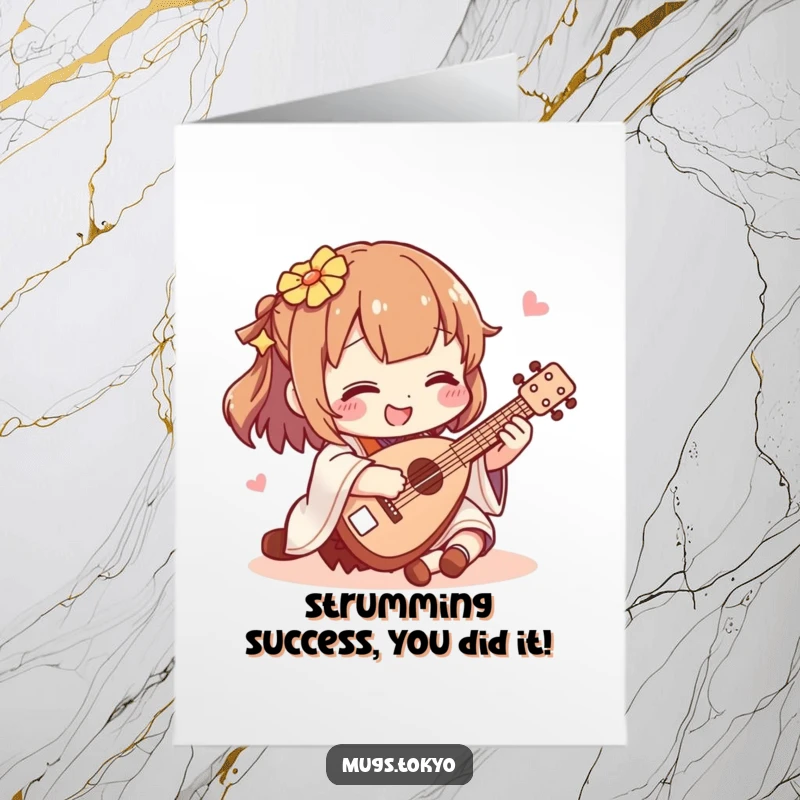 Funny Free Printable Congratulations Card: Character strumming a miniature shamisen, celebrating achievements with cheerful Japanese music.
