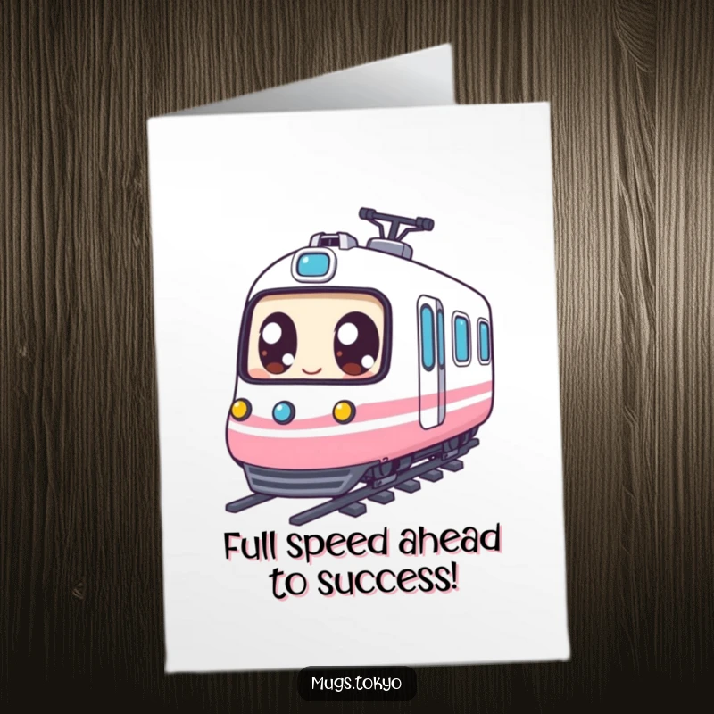 Funny Free Printable Congrats Card showing a character with large eyes happily speeding on a miniature bullet train, celebrating success.