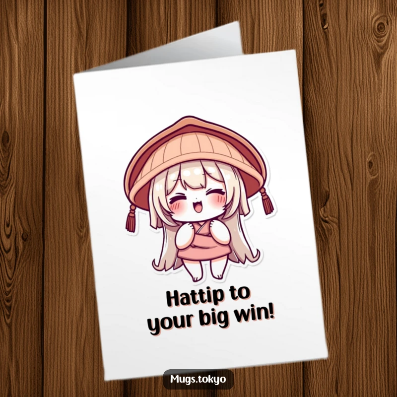 Funny Free Printable Congratulations Card: Character wearing a Japanese hat winks mischievously to celebrate good news.