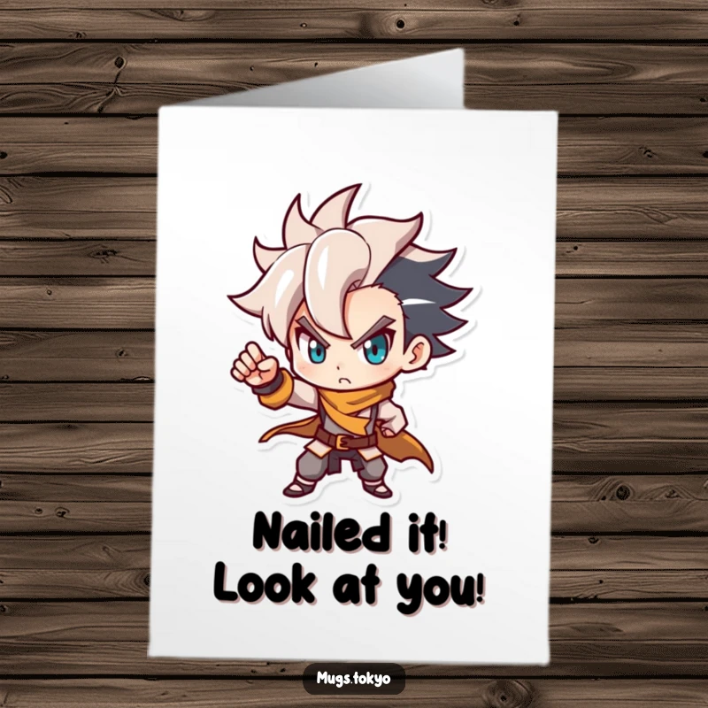Funny Free Printable Congratulations Card: Determined Character with Stylish Hair in Dynamic Pose