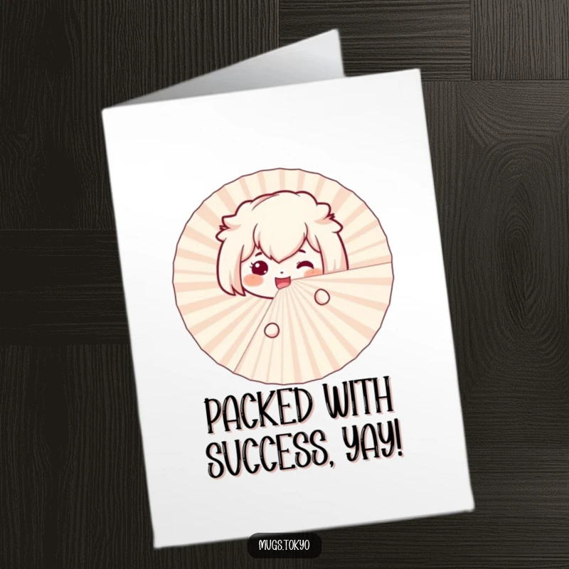 Funny Free Printable congratulations card: A smiling bento box character excitedly peeking from behind a large paper fan.