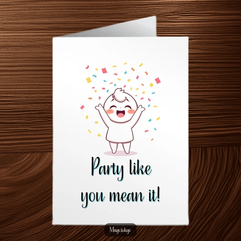 Funny free printable congratulations card showing a cheerful character joyfully tossing colorful confetti, celebrating a momentous success.
