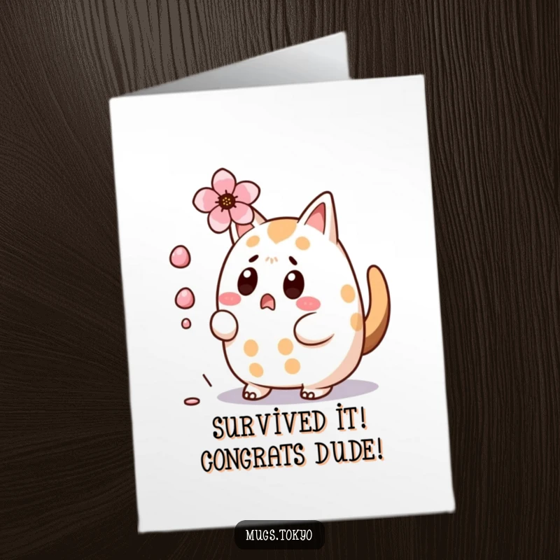 Funny Free Printable Congratulations Card: A surprised taiyaki narrowly avoids a blossom, celebrating your big win with humor.