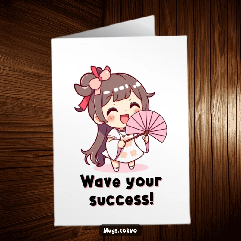 Funny Free Printable Congratulations Card: a character waving an oversized fan enthusiastically to cheer on success.