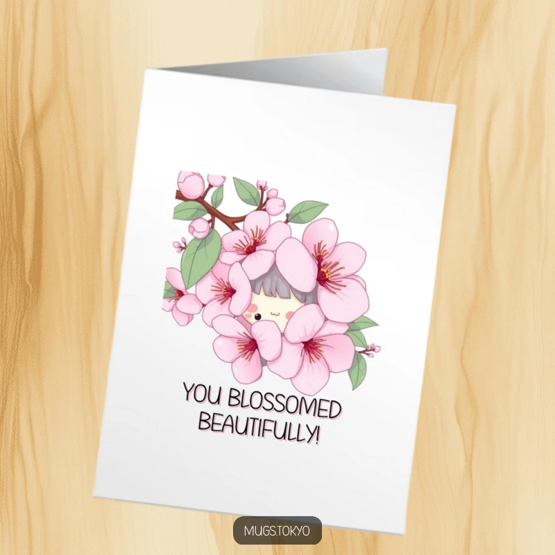 Funny Free Printable Congrats Card: Playful character emerging from a giant cherry blossom, celebrating joyful news.