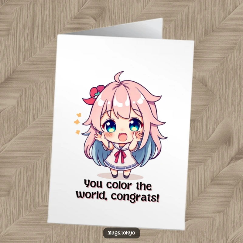 Funny free printable congratulations card: Character with vivid colorful hair gestures enthusiastically in celebration.