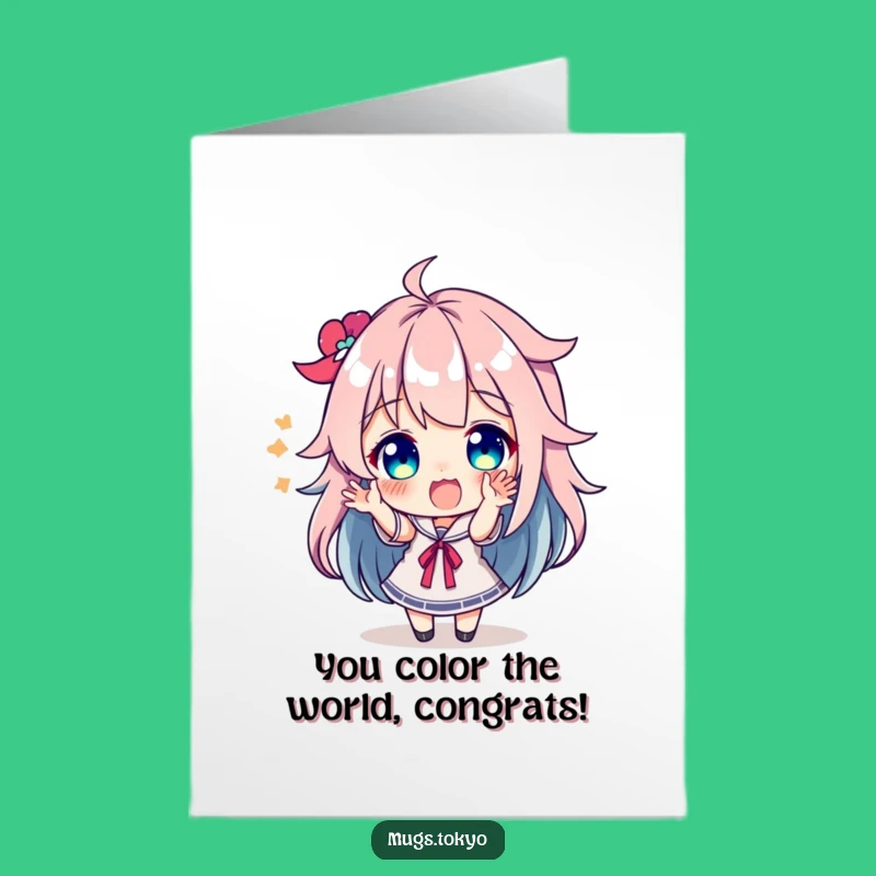 Free Printable Congrats Card: Colorful Hair Character's Excited Cheers!