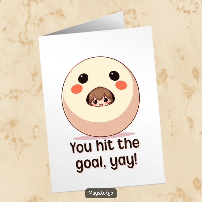 Funny Free Printable Congratulations Card: Character peeking from behind a giant Daruma doll, celebrating a significant accomplishment with a playful peek.