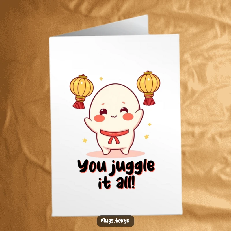 Funny Free Printable Congrats Card: A cheerful mochi character with rosy cheeks is enthusiastically juggling several bright lanterns.
