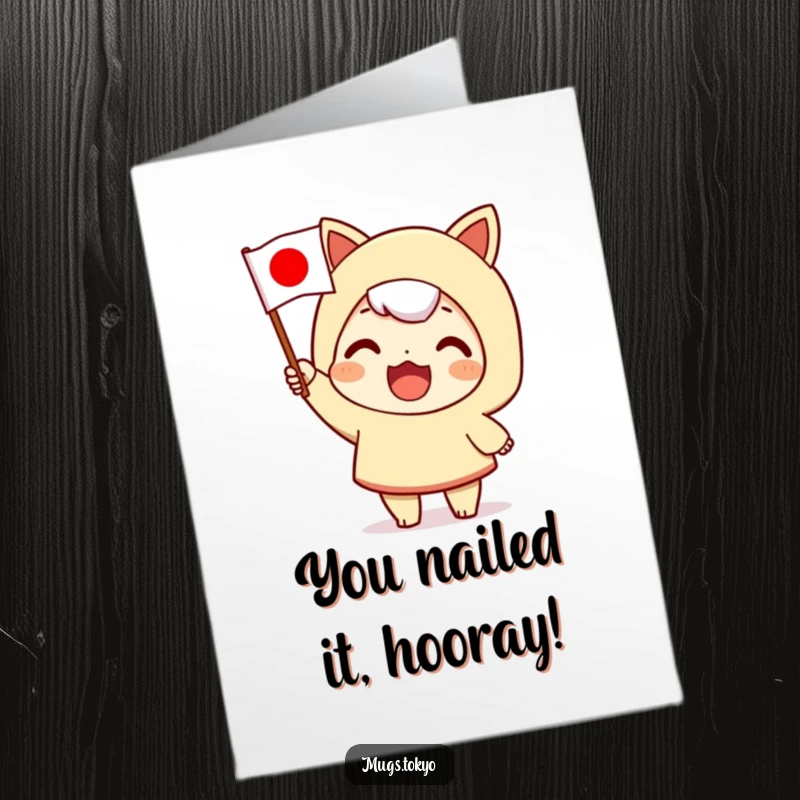 Funny Free Printable Congratulations Card: Character waves a tiny Japanese flag enthusiastically, celebrating your win.