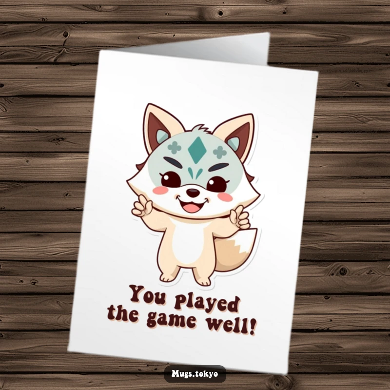 Funny Free Printable Congratulations Card: A character in a jubilant Kitsune mask striking a confident, celebratory pose, perfect for marking success.