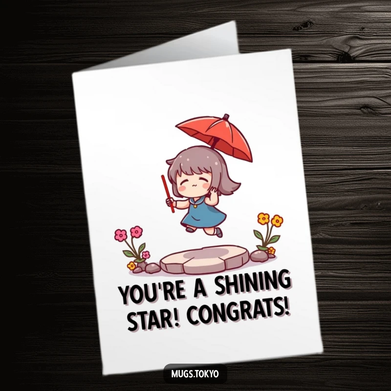 Funny Free Printable Congratulations card of a character gleefully bouncing a small red umbrella, signifying a successful and happy moment.