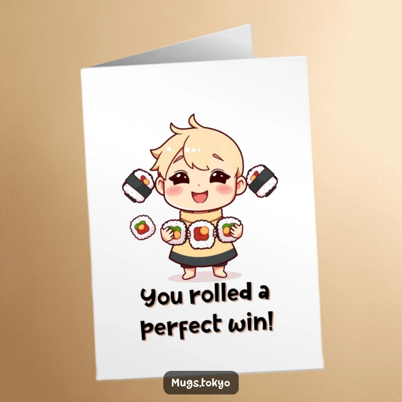 Funny Free Printable Congratulations Card: A joyful character masterfully juggling three miniature sushi rolls, celebrating success.