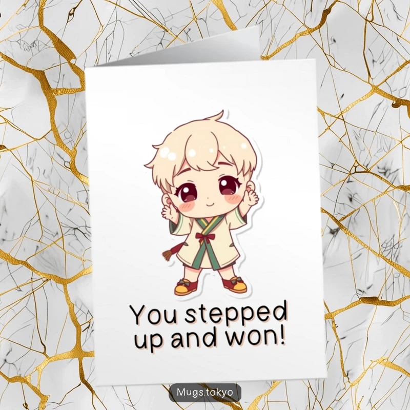Funny free printable congratulations card: Character wearing traditional footwear strikes a dynamic and playful celebratory pose.