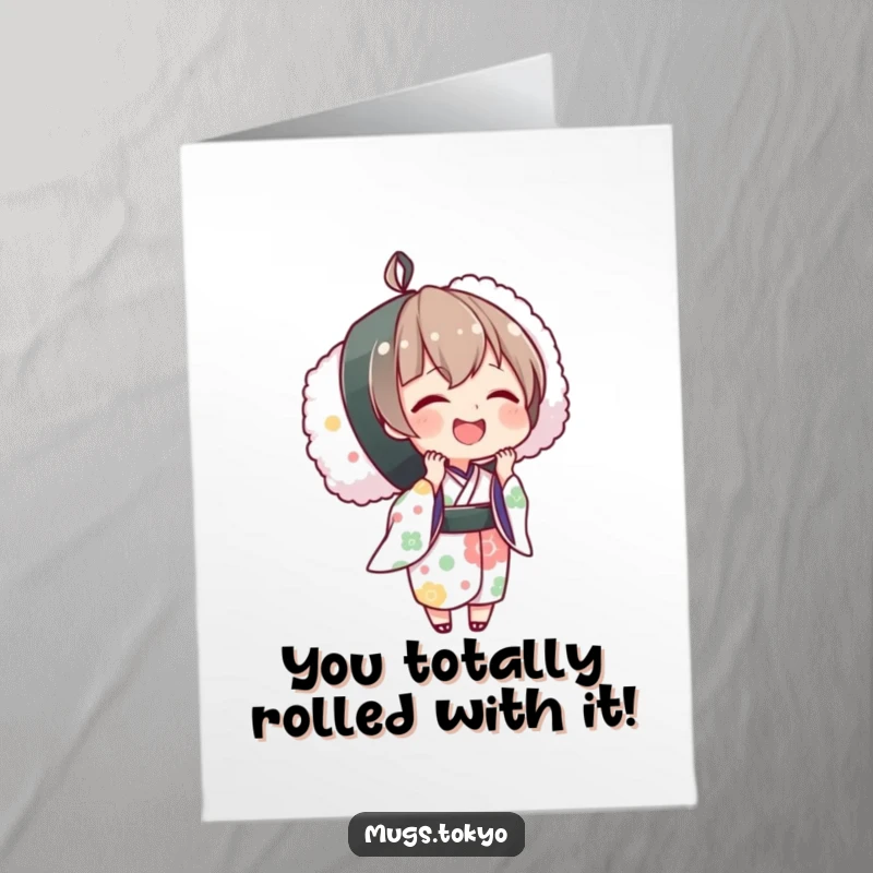 Funny Free Printable Congratulations Card: Character in kimono joyfully holds an oversized sushi roll, cheering success.