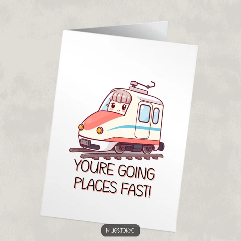 Funny Free Printable Congratulations Card: Character celebrating on a miniature bullet train, symbolizing a fast track to success.
