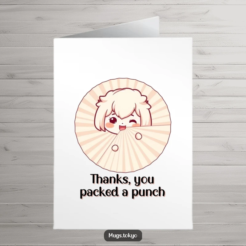 Funny Free Printable thank you card: A smiling bento box character peeking with excitement from behind a large paper fan.