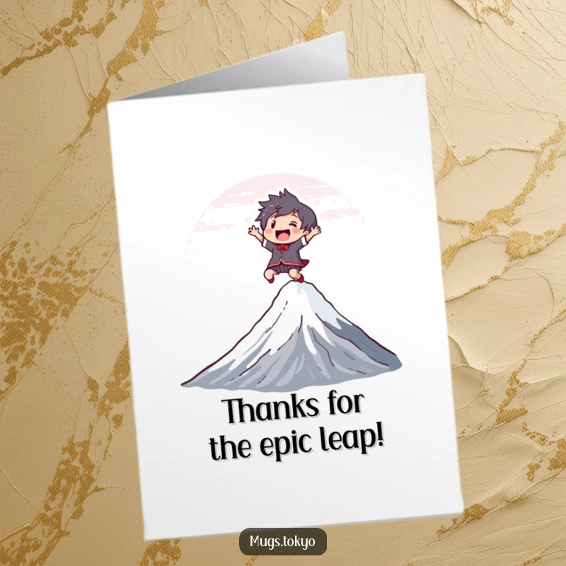 Funny Free Printable Thank You Card: Character joyfully leaping over Mount Fuji, conveying energetic thanks.