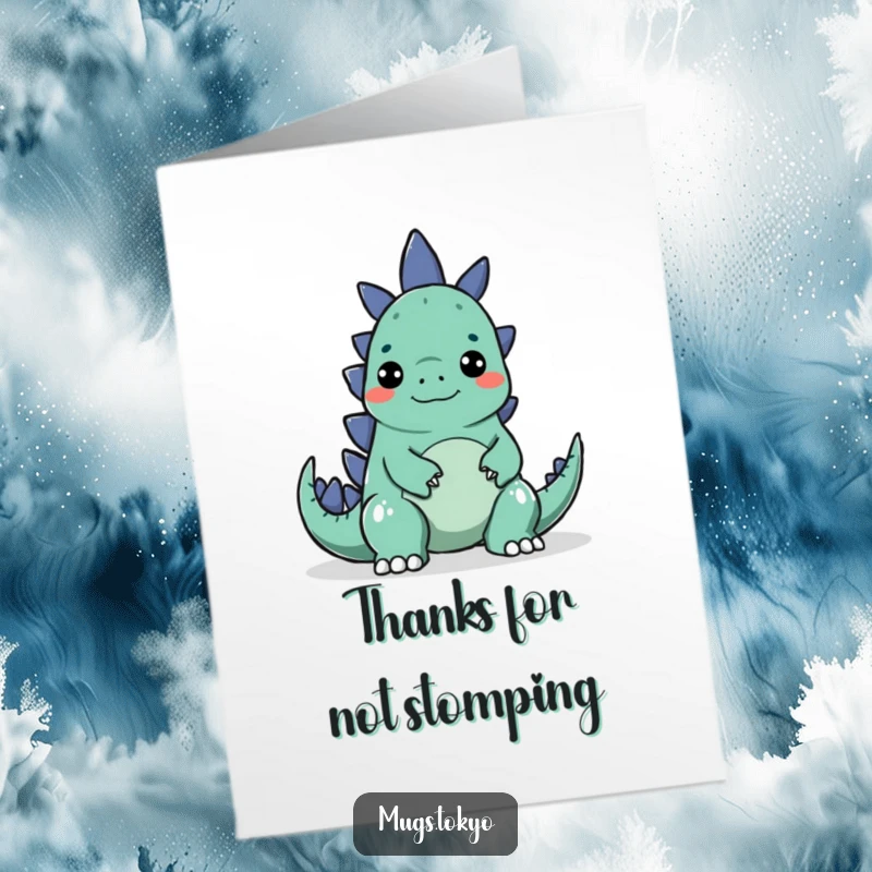 Funny Free Printable Thank You card with a character making a silly face to surprise a little Godzilla, a humorous way to say thanks.