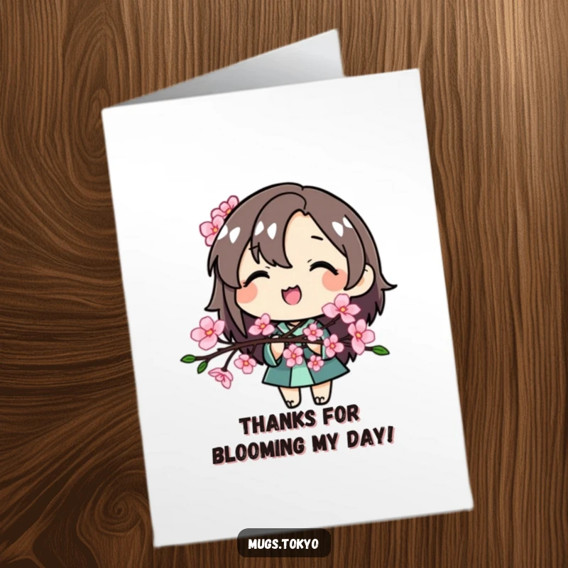 Funny Free Printable Thank You Card: A smiling character offers a beautiful cherry blossom branch as a token of thanks.