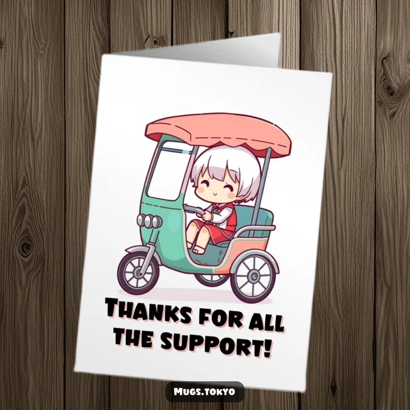 Funny Free Printable Thank You Card: Character comically overloaded in a tiny rickshaw, expressing thanks for carrying a burden.
