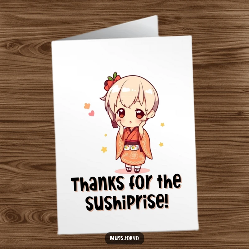 Funny Free Printable Thank You Card: A cute character in a kimono carefully balances a precarious sushi stack.