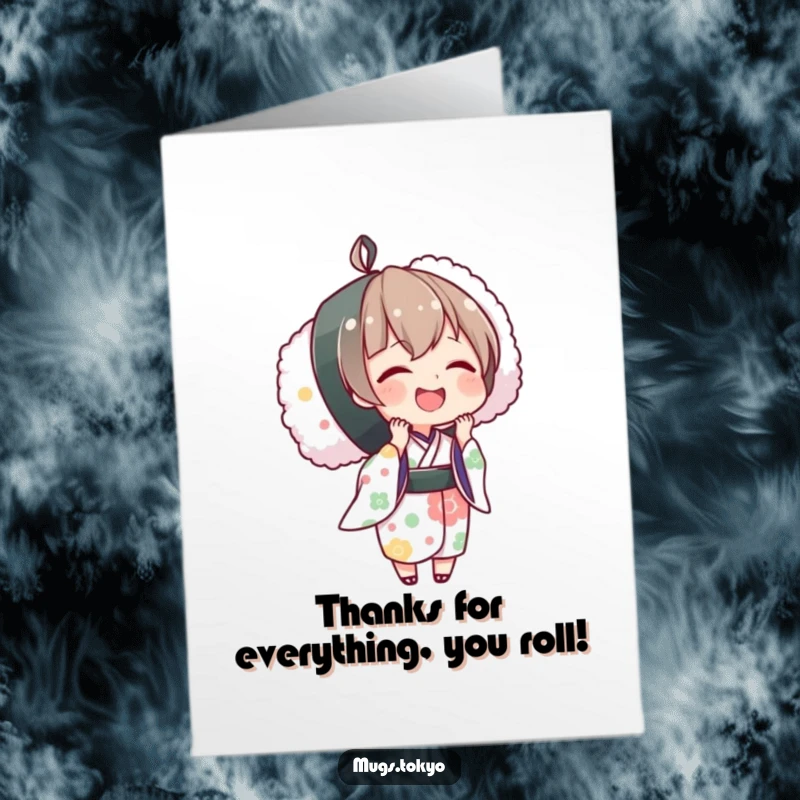 Funny Free Printable Thank You Card: Character in a kimono happily holds a giant sushi roll, expressing thanks.