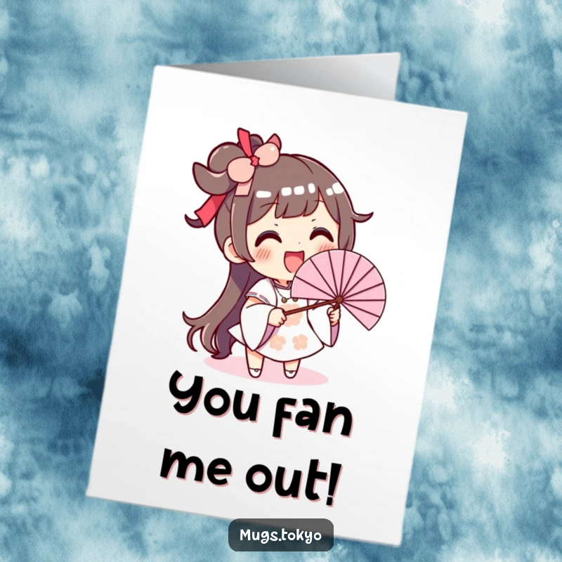 Funny Free Printable Thank You Card: a character waving a giant fan with a smile to express thanks warmly.