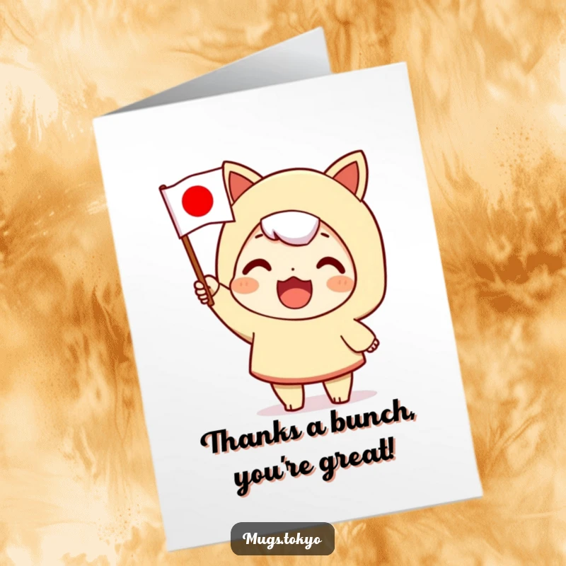 Funny Free Printable Thank You Card: Character waves a tiny Japanese flag enthusiastically, sending thanks.