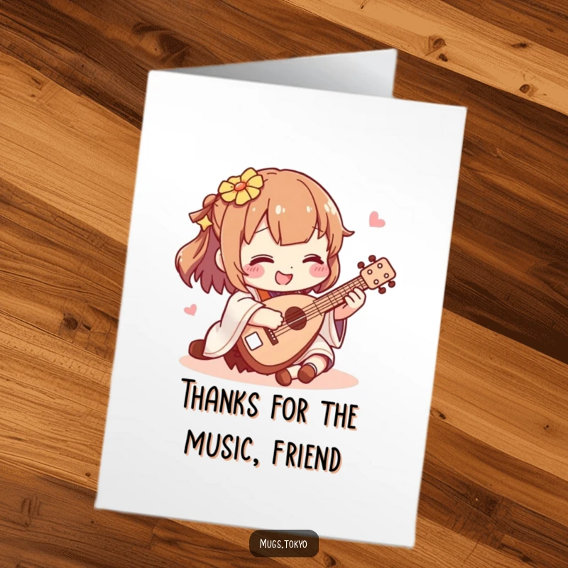 Funny Free Printable Thank You Card: Character happily playing a shamisen, conveying heartfelt thanks with a musical twist.