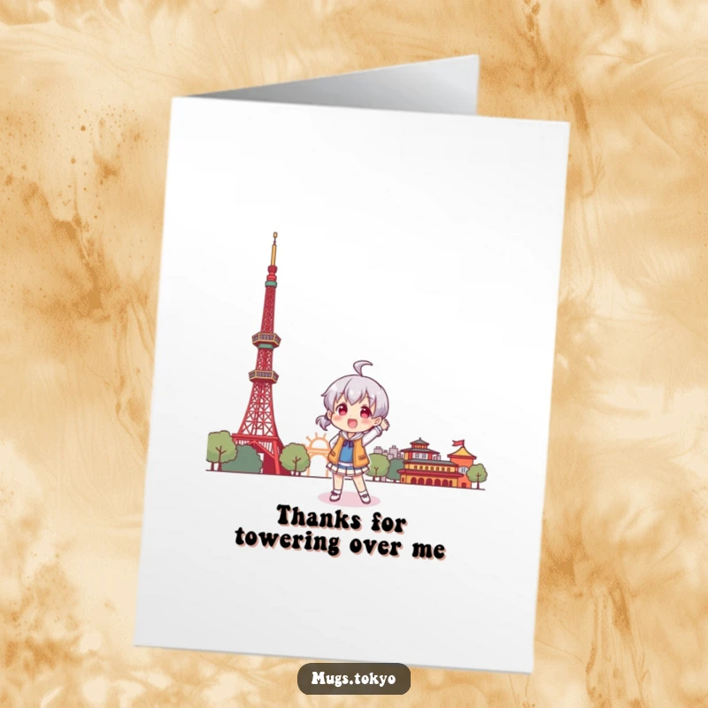 Funny Free Printable Thank You Card: A character poses playfully in front of a stylized Tokyo Tower, sending thanks with flair.