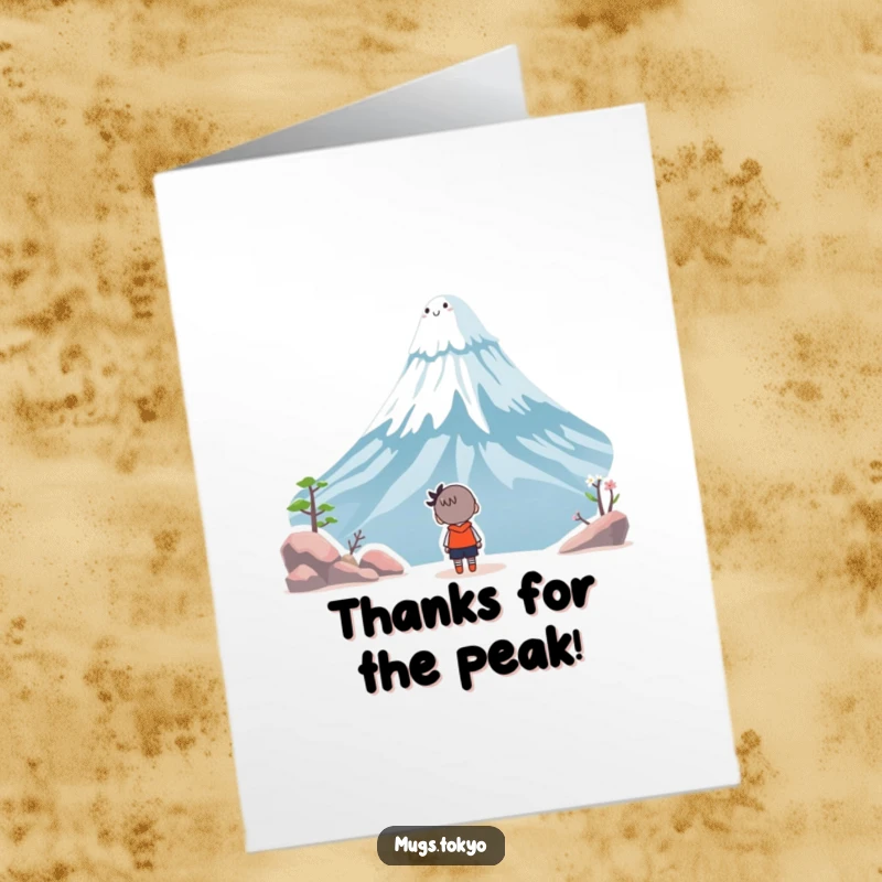 Funny Free Printable Thank You Card: A character gazing at a smiling Mount Fuji, conveying heartfelt thanks.